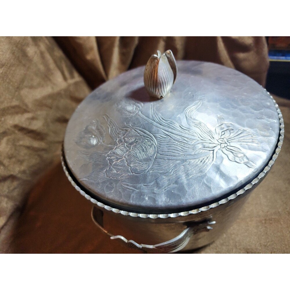 Hammered Aluminum Ice Bucket Mid Century Madmen Style Rose Bud Top Vintage